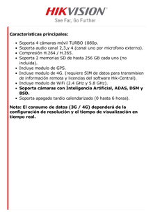 DVR Móvil 2 Megapixel (1080p) / 4 Canales TURBOHD / Tecnología IA Integrada / Soporta 4G / WiFi / GPS / Sensor G / Soporta 2 Memorias SD (256GB c/u) / Alarmas I/O