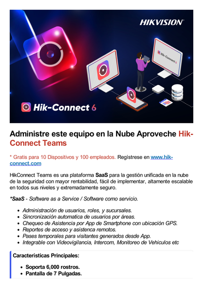 Terminal Facial Min Moe WiFi / Lector de QRs Físico de Alta Velocidad / 6,000 Rostros / Pantalla 7" / Administrable en la Nube con Hik-Connect 6 / Exterior IP65