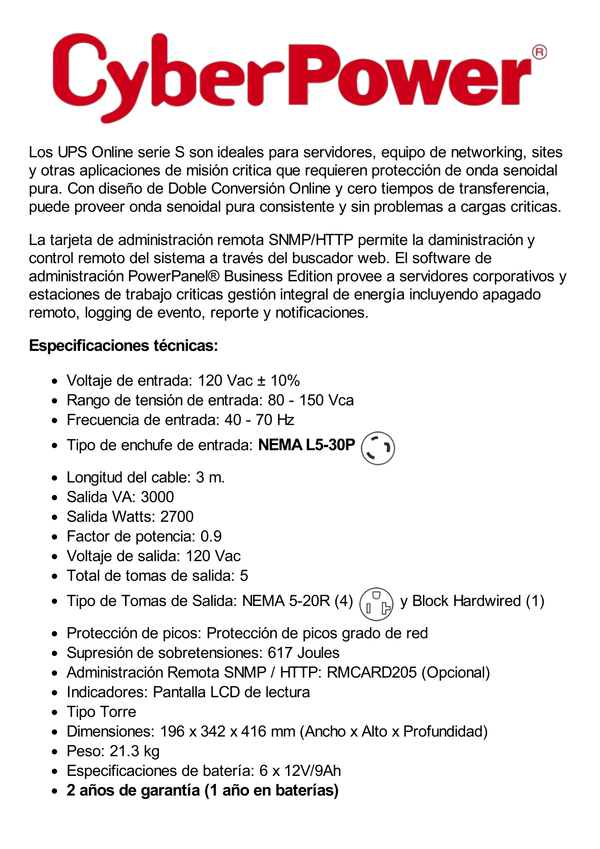 UPS de 3000 VA/2700 W, Online Doble Conversión, Entrada 120 Vca NEMA L5-30P, Onda Senoidal Pura, Tipo Torre, Con 4 Tomas NEMA 5-20R y 1 Block Hardwired