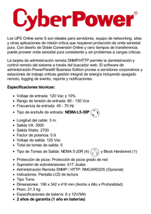 UPS de 3000 VA/2700 W, Online Doble Conversión, Entrada 120 Vca NEMA L5-30P, Onda Senoidal Pura, Tipo Torre, Con 4 Tomas NEMA 5-20R y 1 Block Hardwired