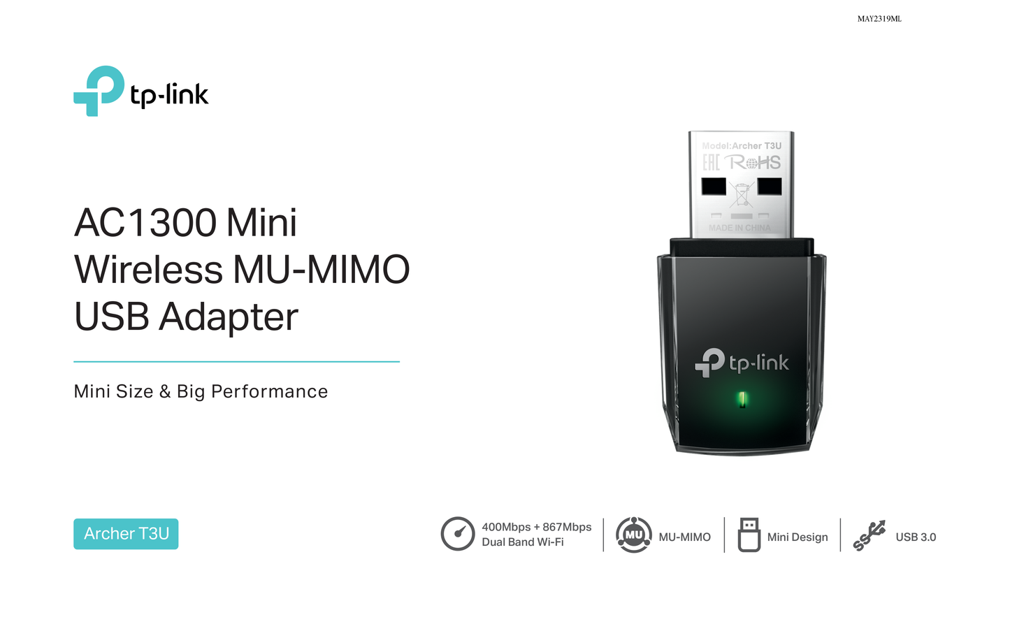 Adaptador inalámbrico USB 3.0 mini TP-Link Archer T3U AC1300 MU-MIMO 2.4GHz a 400 Mbps y 5GHz a 867 Mbps