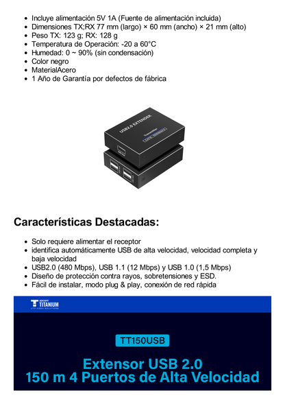 Kit EXTENSOR USB 2.0 de 4 Puertos para Distancias de Hasta  150 m / Soporta USB 2.0, USB 1.1 y USB 1.0 / UTP Cat 5e/6/6a/7 / Soporta Switch Gigabit / Ideal para Cámaras WEB, Impresoras, Escáner, Memorias, Mouse, etc.