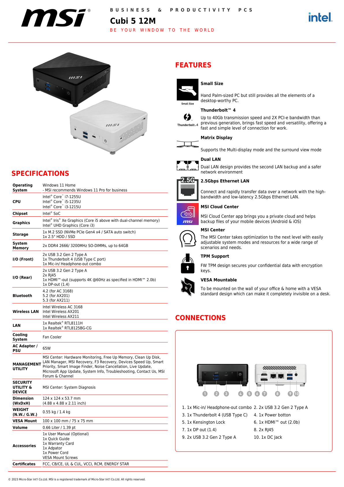 Computadora MSI CUBI 5 12M-015 BUS Intel Core I5-1235U 10Cores 2xDDR4 2666Mhz HDMI/DP Thunderbolt 4