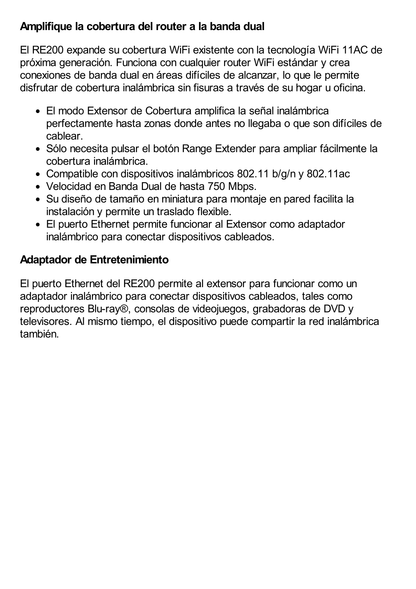 Repetidor / Extensor de Cobertura WiFi AC, 750 Mbps, doble banda 2.4 GHz y 5 GHz, con 1 puerto 10/100 Mbps