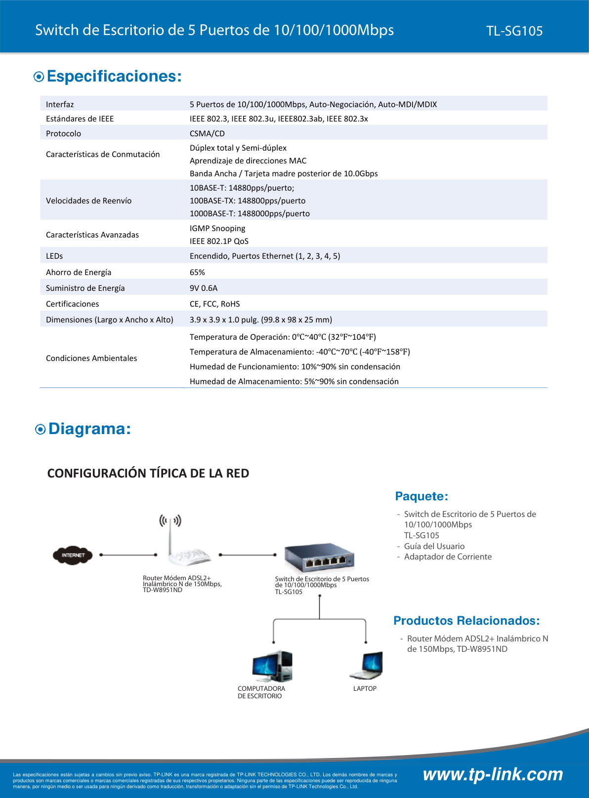 Switch TP-Link TL-SG105 metálico de escritorio 5 puertos gigabit 10/100/1000M no administrable