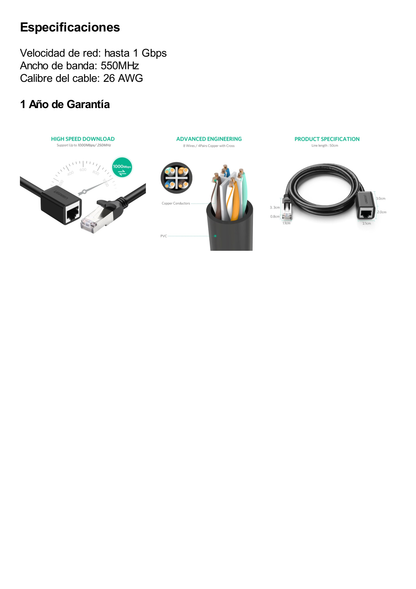 Cable de Extensión Cat6 RJ45 F/UTP / Macho a Hembra / 5m / Método de conexión 568B / Velocidad de transmisión 1000Mbps / Ancho de banda del canal 250MHz /Caja de Cobre / Negro