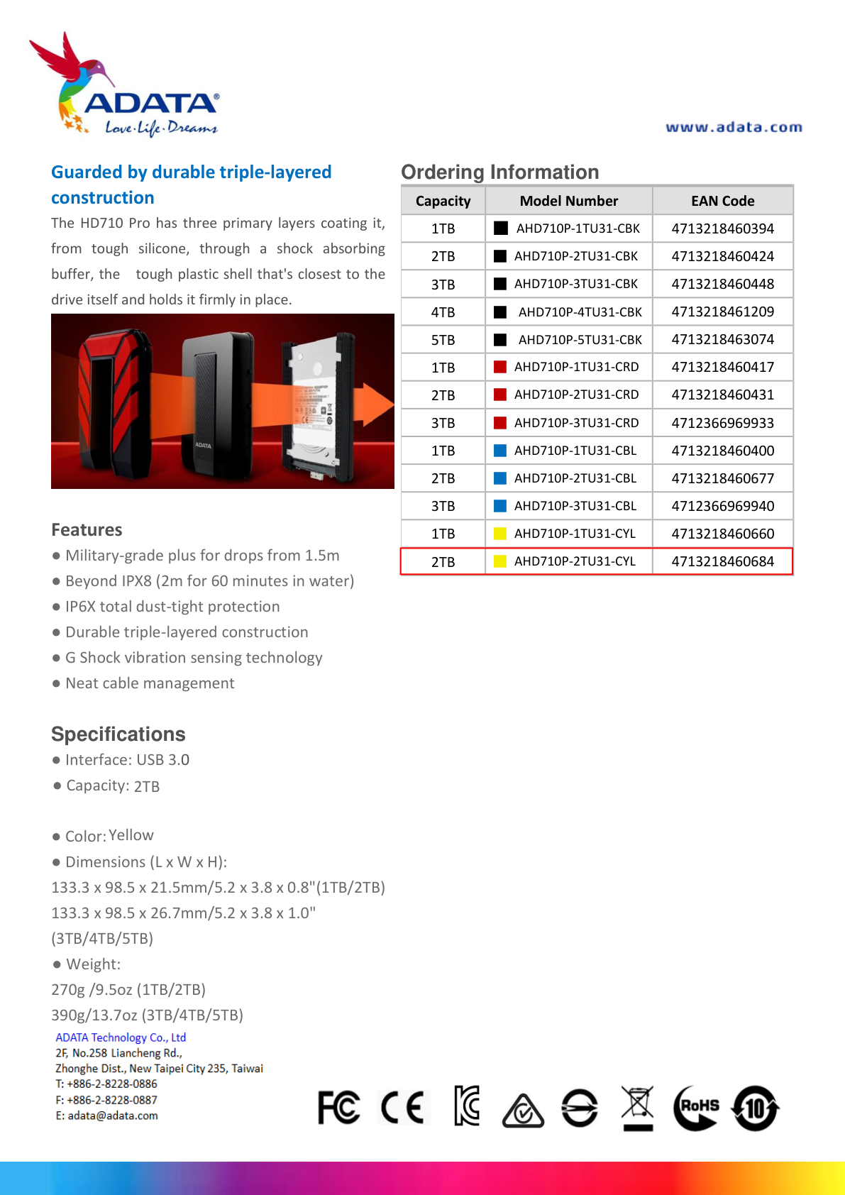 HD EXT 2 TB ADATA 2.5 USB 3.0 AHD710P-2TU31-CYL CONTRA  AGUA Y GOLPES AMARILLO