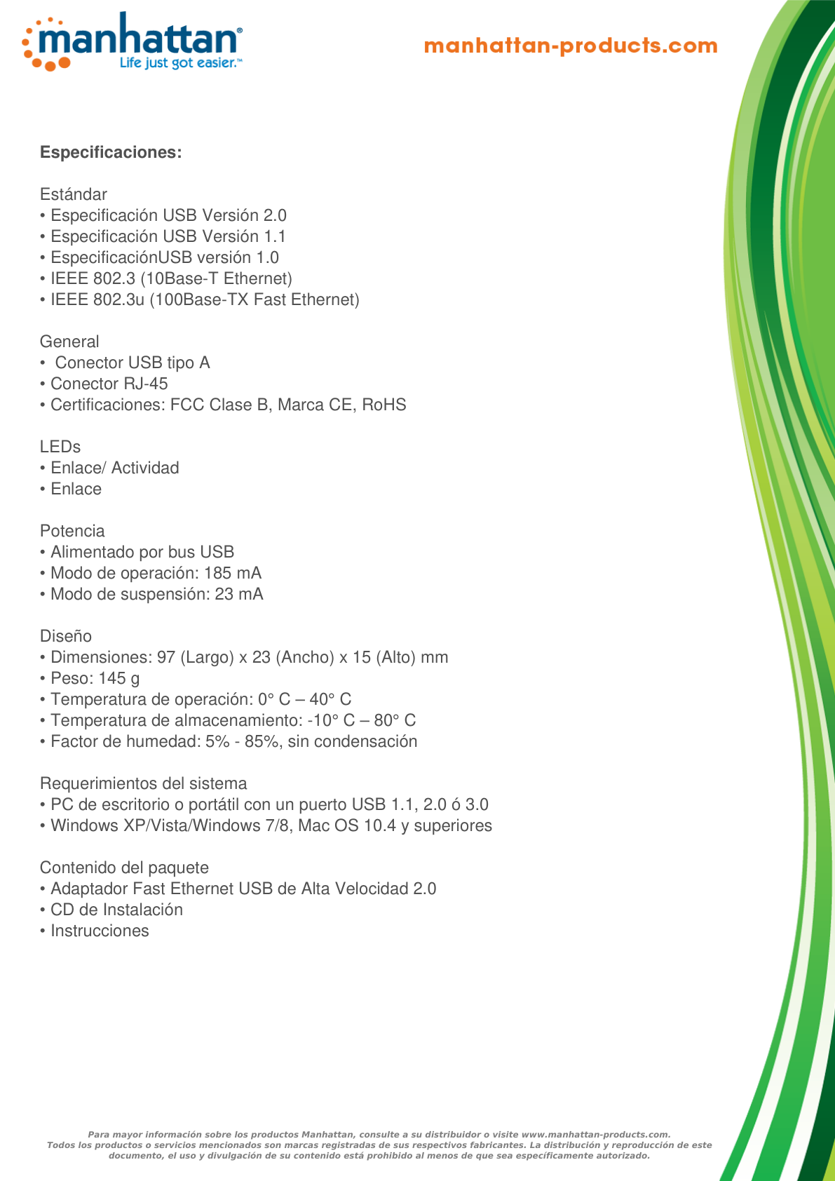 ADAPTADOR MANHATTAN USB 2.0 A RJ45 10/100