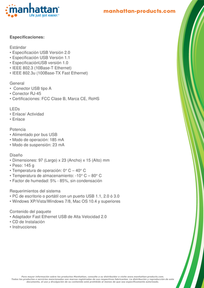 ADAPTADOR MANHATTAN USB 2.0 A RJ45 10/100