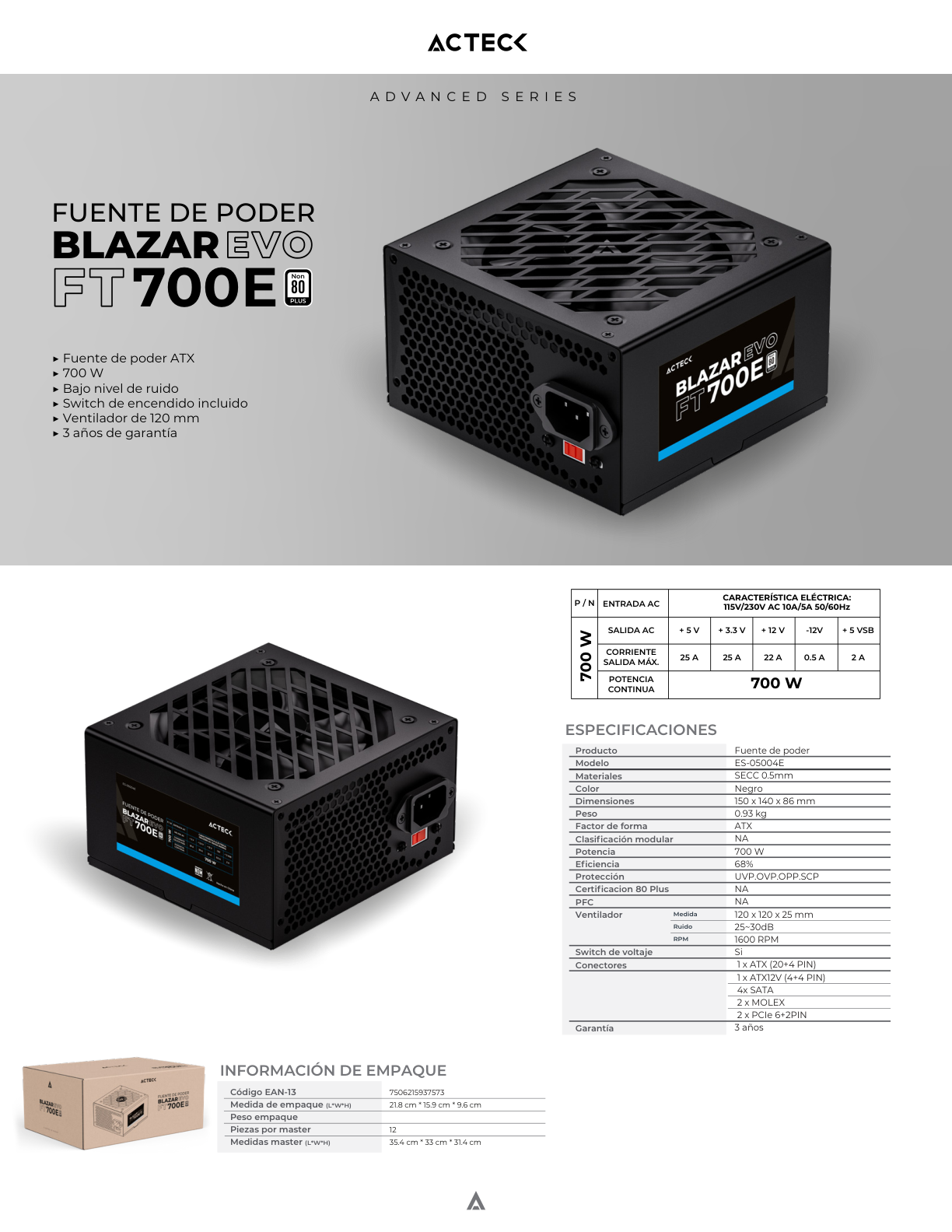 Fuente de poder Acteck 700W Blazar Evo FT700E Advanced Blanco