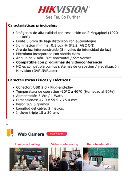 Cámara Web ALTA DENIFICIÓN (1080p) / Aro de Luz Interconstruido / Gran Angular / Micrófono Integrado / Conector USB de 2 mts / Fácil de Instalar / Reducción de Ruido Inteligente