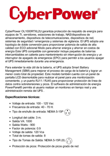 UPS de 1000 VA/900 W, Online Doble Conversión, Entrada 120 Vca NEMA 5-15P, Onda Senoidal Pura, Rack o Torre de 2 UR, Con 8 Tomas NEMA 5-15R