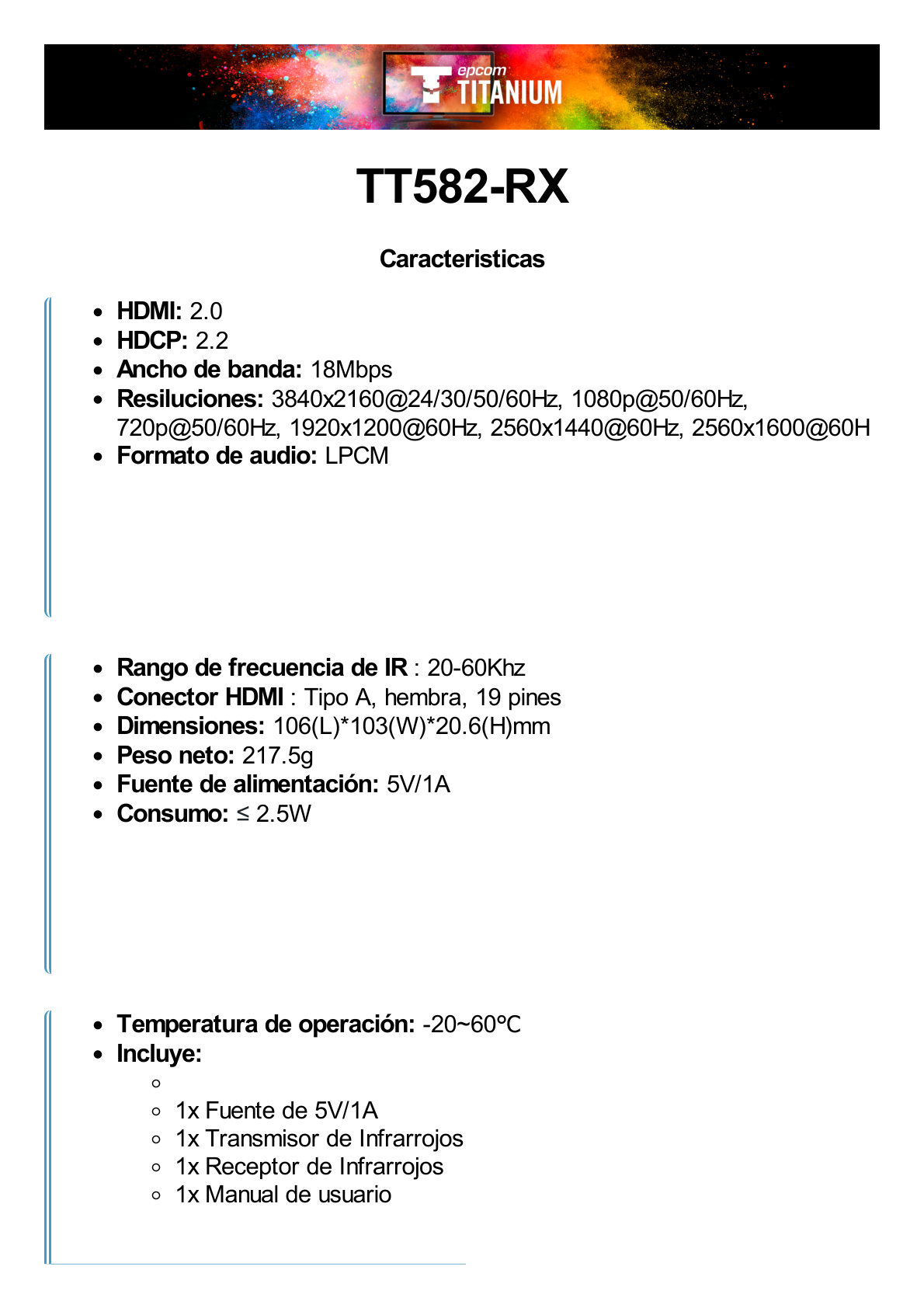 Receptor Compatible para Kit TT582 | 4K @60Hz | Cat 6, 6a y 7 |  hasta 150 metros |