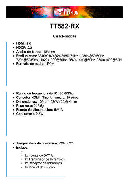 Receptor Compatible para Kit TT582 | 4K @60Hz | Cat 6, 6a y 7 |  hasta 150 metros |