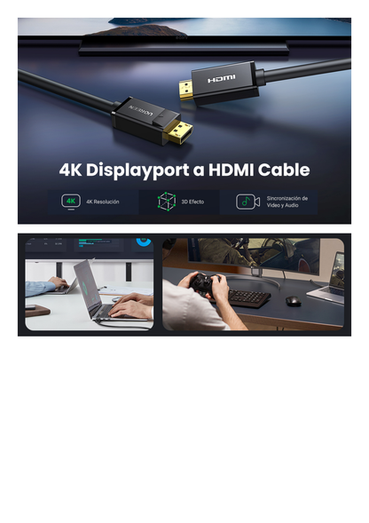 Cable DP Macho a HDMI Macho / Longitud 1.50 m / Soporta 4K@30Hz / Soporta 3D / Cobre Estañado 28AWG / Blindaje interno múltiple / Transmisión Unidireccional / Botón de Liberación / Chip de Última Generación