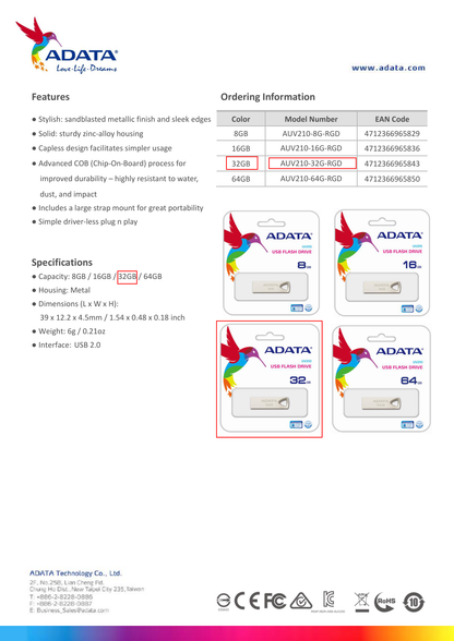 MEMORIA ADATA 32GB USB 2.0 UV210 METALICA