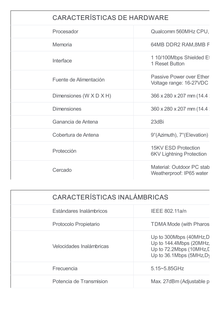 CPE de Exterior de 5 GHz a 300Mbps, Antena direccional de 23dBi, potencia de 27 dBm, PoE pasivo