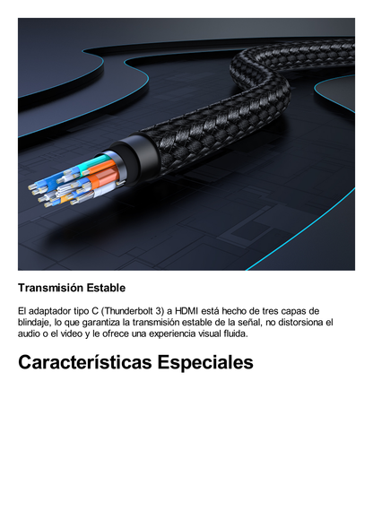 Cable Adaptador USB C a HDMI 4K@60Hz / Convertidor Thunderbolt 3 / Caja de Aluminio / HDMI V2.0 / 3D / Longitud del cable 10cm