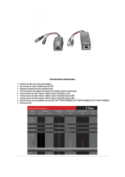 Kit de transceptores activos TURBO HD. Convierte 36/24 Vcc a 12 Vcc regulados, a través de cable  UTP Cat5e / 6. Transmision de 200 m (Revisar tabla de resoluciones )