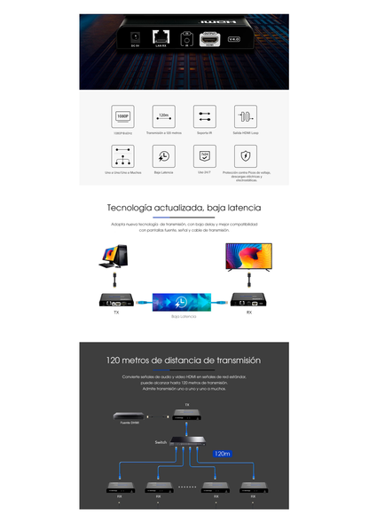 Kit Extensor HDMI para distancias de 120 metros / Resolución 1080P a 60Hz / Cat 6 / Soporta conexión Uno a Uno y Uno a Muchos / Soporta hasta 253 Rx / Salida Loop / Baja Latencia / Uso 24/7 / Soporta HDbitT / Compatible con Switch Gigabit