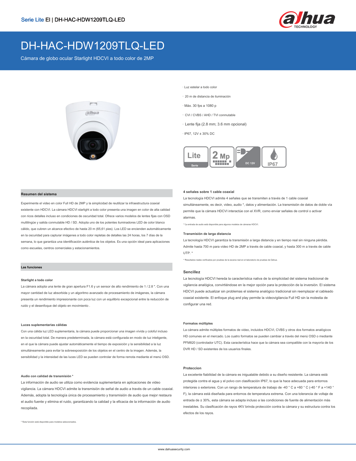 Camara Dahua DH-HAC-HDW1209TLQN-LED domo full color 2 mp 1080p lente 2.8 mm IR 20 m plastico exterior 106 gds apert  starlight IP67