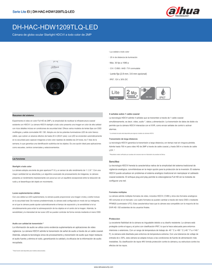 Camara Dahua DH-HAC-HDW1209TLQN-LED domo full color 2 mp 1080p lente 2.8 mm IR 20 m plastico exterior 106 gds apert  starlight IP67