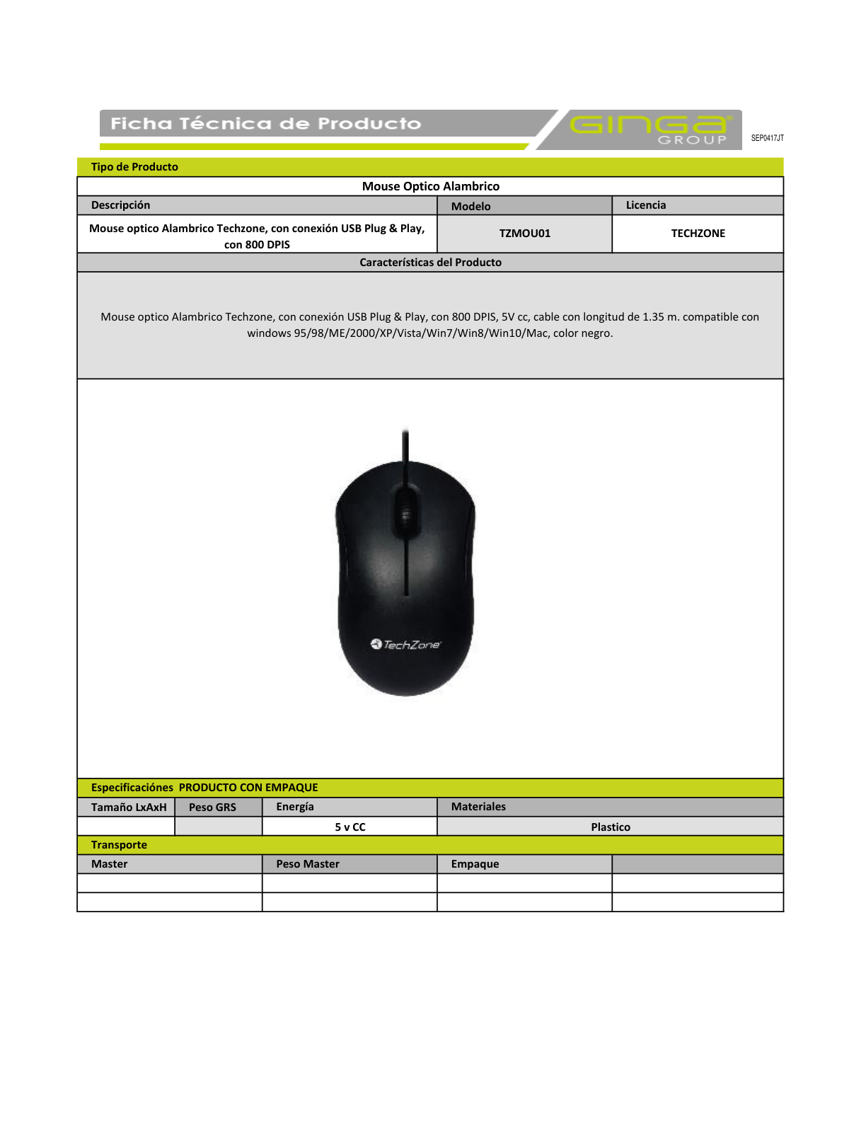 MOUSE TECHZONE ALAMBRICO USB NEGRO