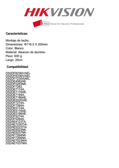 Montaje de Techo Tipo Tubo de 20 cm de Largo para Domos PTZ epcom y HIKVISION