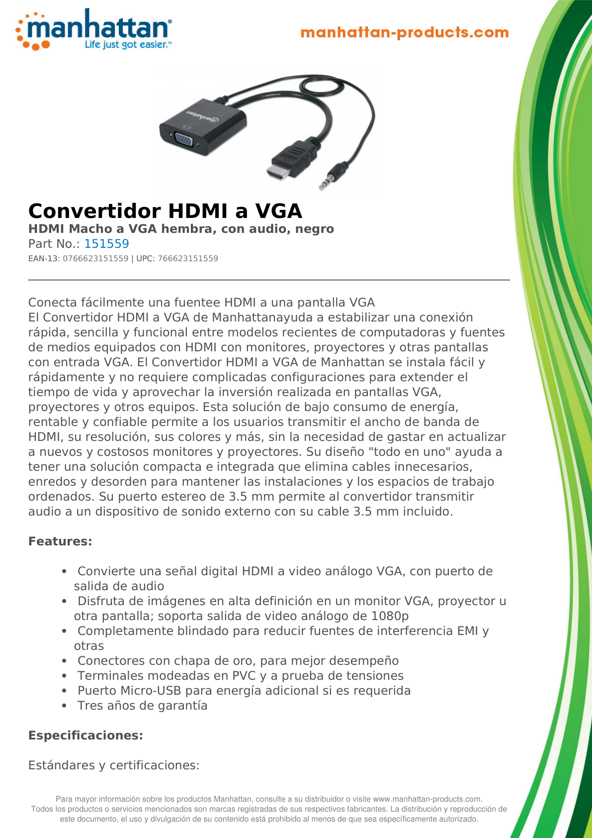 CONVERTIDOR MANHATTAN HDMI MACHO A VGA + AUDIO HEMBRA NEGRO