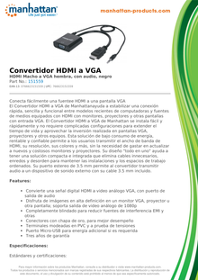 CONVERTIDOR MANHATTAN HDMI MACHO A VGA + AUDIO HEMBRA NEGRO