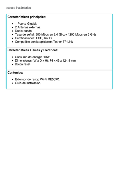 Repetidor / Extensor de Cobertura WiFi AX 1500 Mbps, doble banda 2.4 GHz y 5 GHz, con 1 puerto 10/100/1000 Mbps