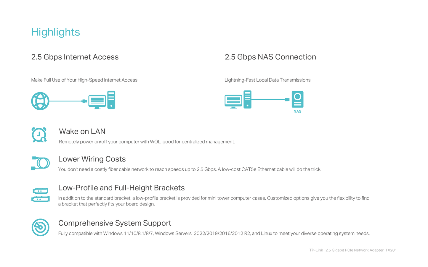 Adaptador TP-Link TX201 PCI Express 2.1 x4 con 1 puerto RJ45 gigabit / Megabit hasta 2.5Gbps LED indicador de enlace