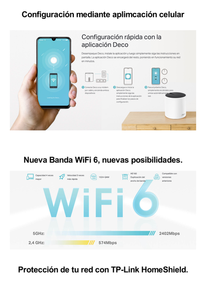 Router Inalámbrico MESH Interior para Hogar / Doble Banda Wi-Fi 6 AX3000 Mbps / 3 Puerto Gigabit WAN/LAN / 2 Antenas Internas / Administración Mediante la App Deco (iOS, Android) / Protección HomeShield