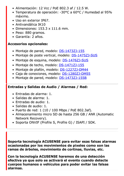 Domo IP 2 Megapixel / Lente Mot. 2.8 a 12 mm / 40 mts IR EXIR /Exterior IP67 / IK10 / WDR 120 dB / PoE / ACUSENSE (Evita Falsas Alarmas) / Entrada y Salida de Audio y Alarma / MicroSD / ONVIF