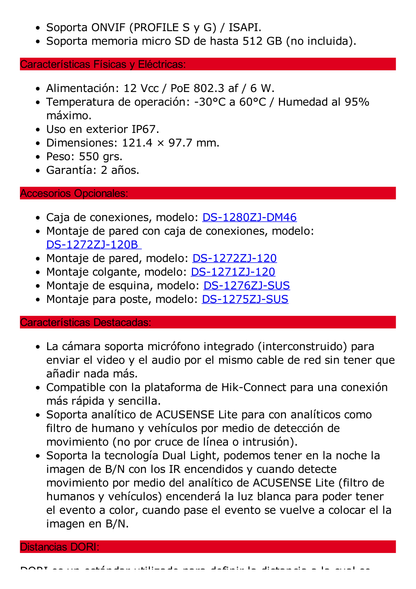 [Dual Light] Domo IP 8 Megapixel (4K) / Lente 2.8 mm / 30 mts IR + 30 mts Luz Blanca / Micrófono Integrado / Antivandálico IK08 / ACUSENSE Lite / Exterior IP67 / H.265 / PoE / ONVIF / Micro SD