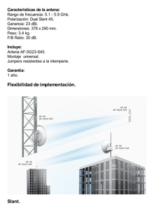 Antena Direccional airFiber X, ideal para enlaces Punto a Punto (PtP), frecuencia 5 GHz (5.1 - 5.9 GHz) de 23 dBi slant 45