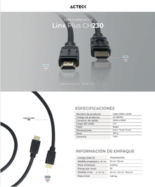 CABLE ACTECK HDMI A HDMI LINX PLUS 230 3M + HIGH SPEED 10.2GBPS + ARC + EHTERNET + CALIBRE 32 AWG 4K