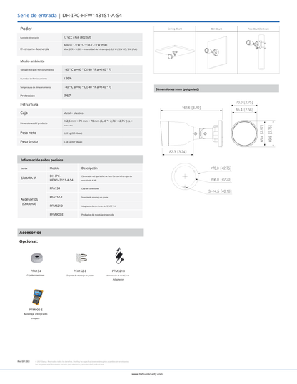 Camara Dahua DH-IPC-HFW1431S1P-A-0280B-S4-QH2 IP bullet 4 mpx lente de 2.8 mm h.265 104 gds de apertura IR de 30 m microfono integrado IP67