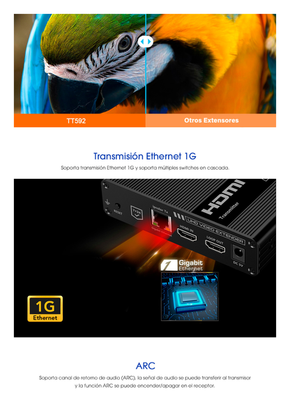 KIT EXTENSOR HDMI 4K@60HZ sobre IP GIGABIT / IPCOLOR / 100m en Conexión Uno a Uno /  Salida Loop / IR Bi-Direccional / RS232 / ARC / CERO LATENCIA / Soporta conexión Uno a Muchos/Switch en Cascada