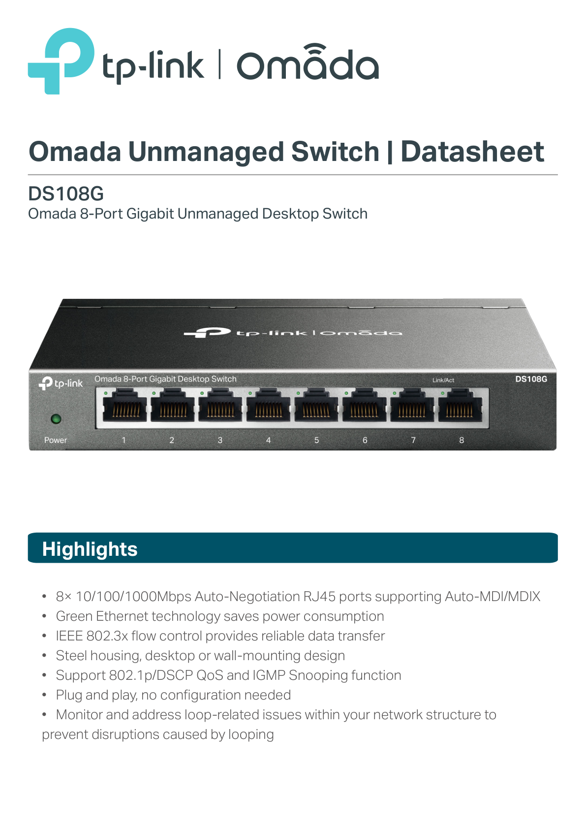 Switch TP-Link Omada DS108G metálico escritorio 8 puertos gigabit 10/100/1000M no administrable Auto-MDI/MDIX Green Ethernet