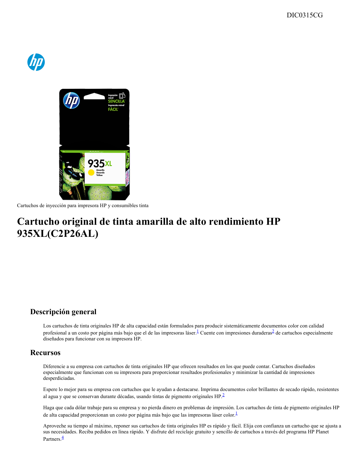 TINTA HP 935XL C2P26AL AMARILLO Officejet Pro 6830/6230 ALTO RENDIMIENTO (825 PAG)