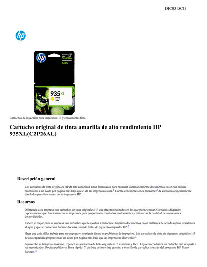 TINTA HP 935XL C2P26AL AMARILLO Officejet Pro 6830/6230 ALTO RENDIMIENTO (825 PAG)