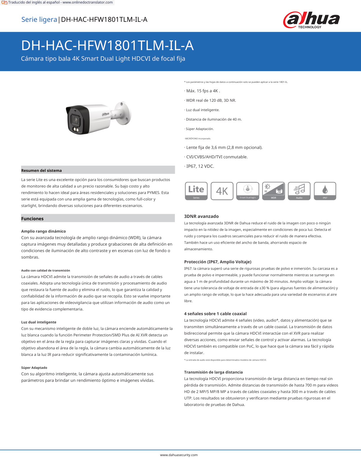 Camara Dahua DH-HAC-HFW1801TLMN-IL-A bullet full color 4 k lente 2.8mm IR 40 m metal exterior micronofo integrado 106 gds apert iluminador IP67