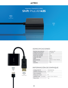 Adaptador Acteck Displayport a HDMI Shift Plus AH435 para video hasta 4K macho hembra