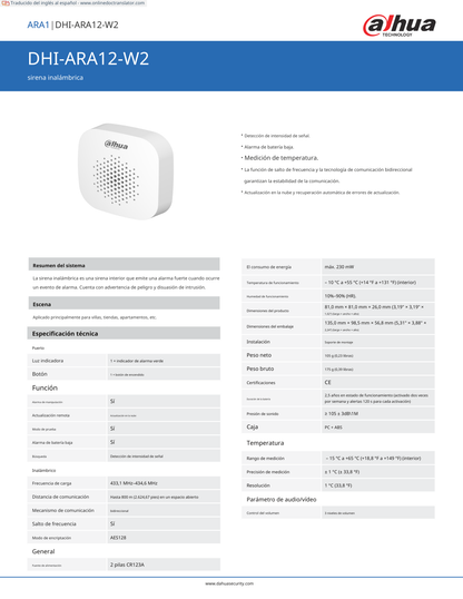 Sirena Dahua inalambrica interior 105 db +-3/3 niveles de volumen led indicador alarma de bateria baja medicion de temperatura funcion de salto de frecuencia