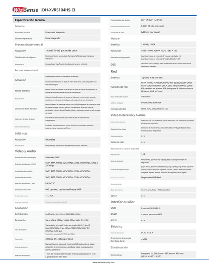 DVR Dahua DH-XVR5104HS-I3 5 mp wizsense soporta 4 canales + 2 IP o hasta 6 canales IP reconocimiento facial y proteccion perimetral en 1 canal 1 puerto SATA