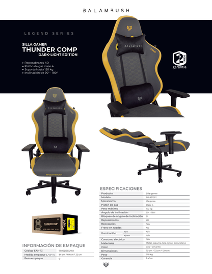 SILLA GAMER BALAM RUSH GRIS/AMARILLO THUNDER COMP PISTO DE GAS CLASE 4 INCLINACION 90-180 SOPORTA HASTA 150K