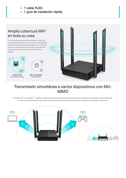 Router Inalámbrico AC 1200 / Doble Banda MU-MIMO / 1 puerto WAN 10/100/1000 Mbps / 4 puertos LAN 10/100/1000 Mbps / Compatible con EasyMesh / Administración Web o App Tether