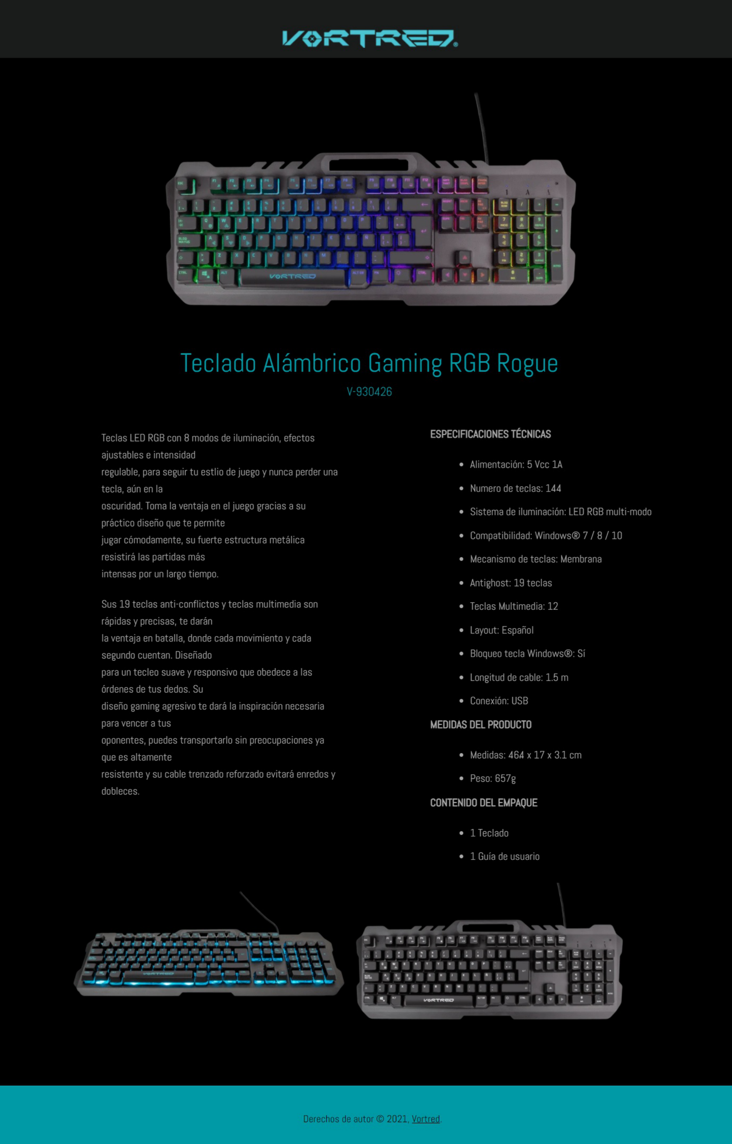 TECLADO GAMER VORTRED USB ALAMBRICO ROGUE RGB