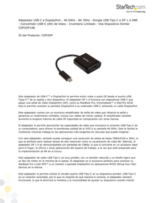 ADAPTADOR STARTECH DE VIDEO EXTERNO USB C A DISPLAYPORT-CONVERTIDO DE VIDEO TIPO C A DP 4K 60Hz- EXTREMO SECUNDARIO 1 x 20 4K 60HZ- 8K 30HZ - DONGLE USB TIPO C A